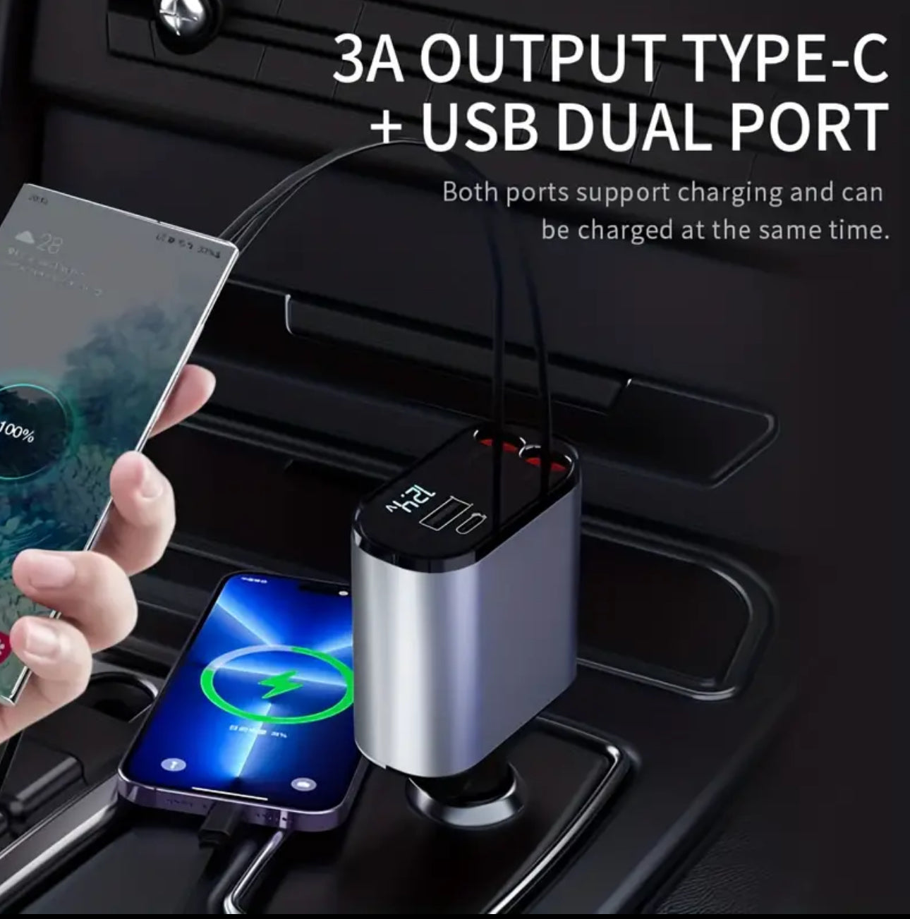 Car Charger 4 In 1 With Dual Retractable Cable Dual Port USB C PD Fast Charging Car Plug Adapter With Voltage Display