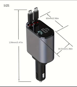 Car Charger 4 In 1 With Dual Retractable Cable Dual Port USB C PD Fast Charging Car Plug Adapter With Voltage Display