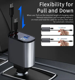 Car Charger 4 In 1 With Dual Retractable Cable Dual Port USB C PD Fast Charging Car Plug Adapter With Voltage Display