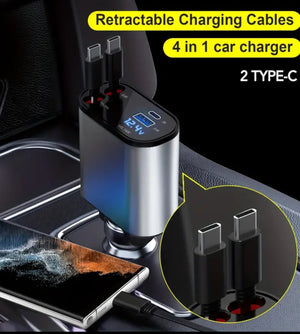 Car Charger 4 In 1 With Dual Retractable Cable Dual Port USB C PD Fast Charging Car Plug Adapter With Voltage Display