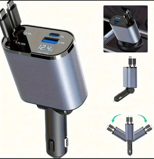 Car Charger 4 In 1 With Dual Retractable Cable Dual Port USB C PD Fast Charging Car Plug Adapter With Voltage Display